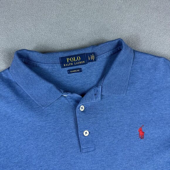 Polo Ralph Lauren Polo Shirt Mens Large Heather Blue Classic Fit Red Pony Logo - Picture 1 of 7